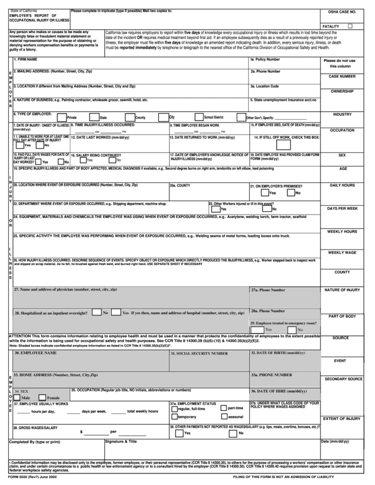 Form 5020 Fillable Employer S Report Of Occupational Injury Or