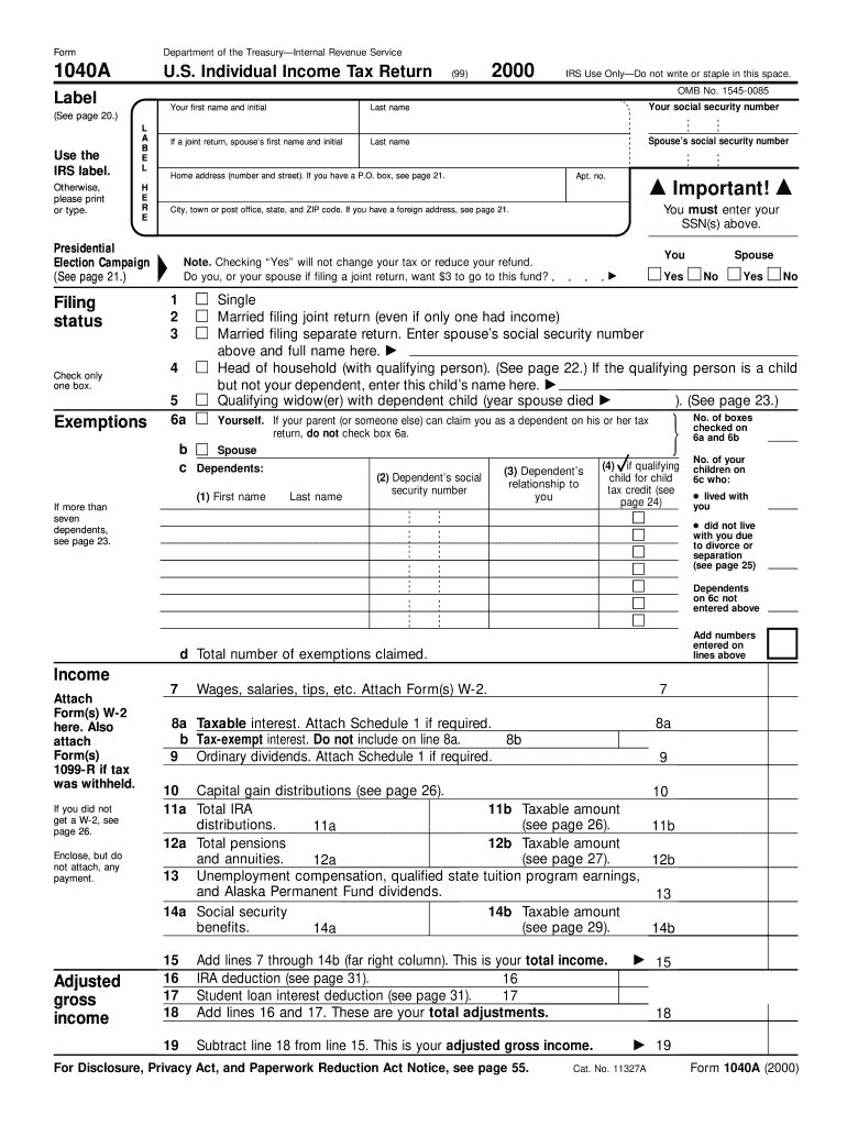 2000 Form IRS 1040 A Fill Online Printable Fillable Blank PDFfiller