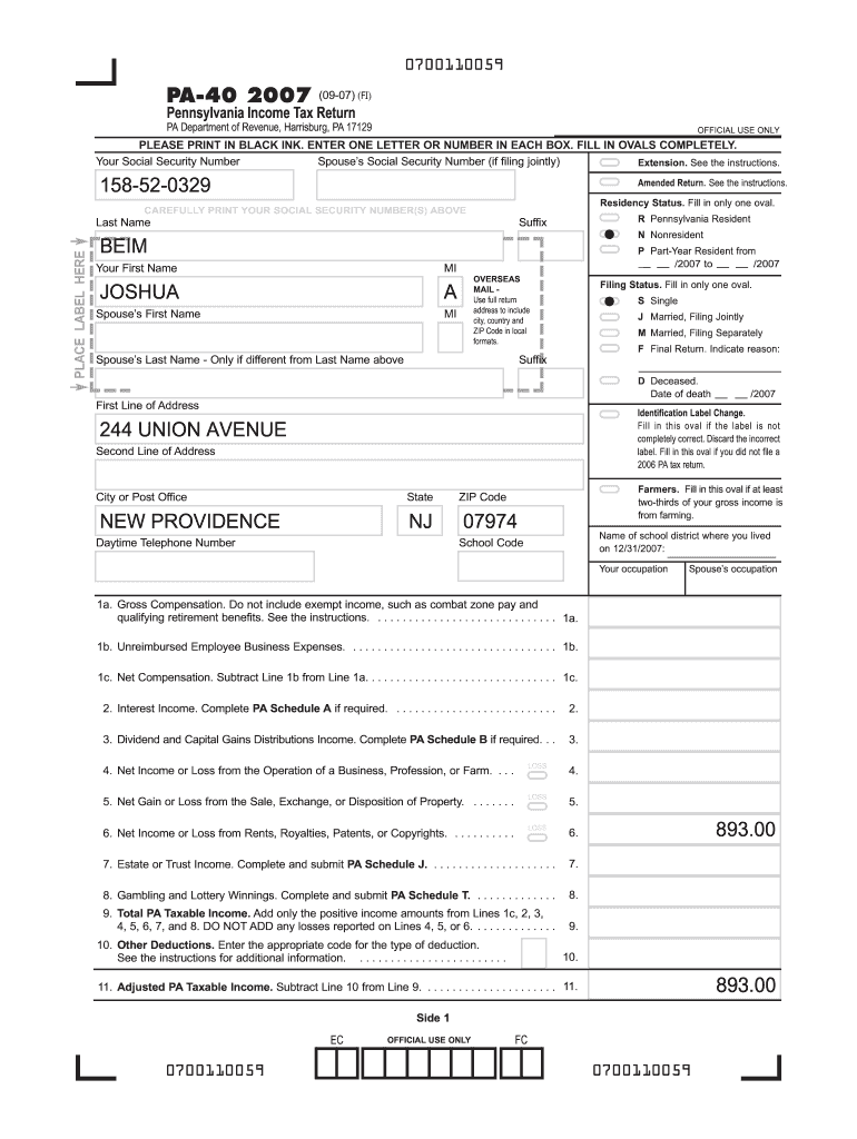 2007 Form PA DoR PA 40 Fill Online Printable Fillable Blank PdfFiller
