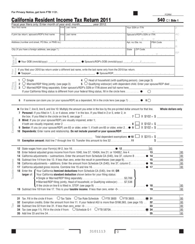 2011 Form 540 California Resident Income Tax Return Edit Fill 