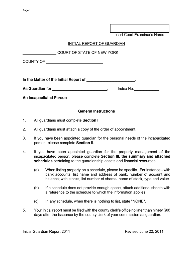 2011 Form NY Initial Report Of Guardian Fill Online Printable 