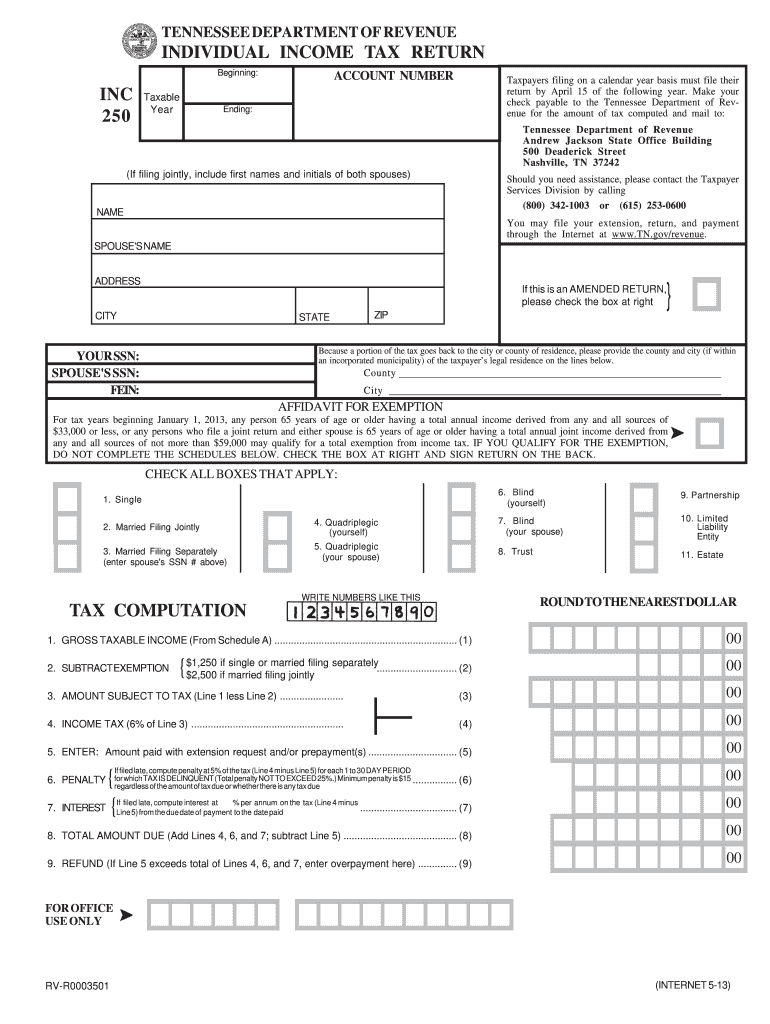 2013 Form TN DoR INC 250 Fill Online Printable Fillable Blank