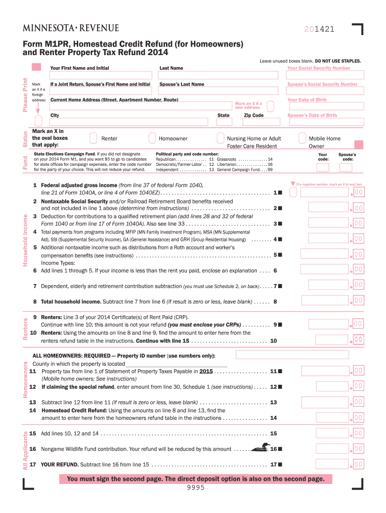 2014 Form MN DoR M1PR Fill Online Printable Fillable Blank PdfFiller