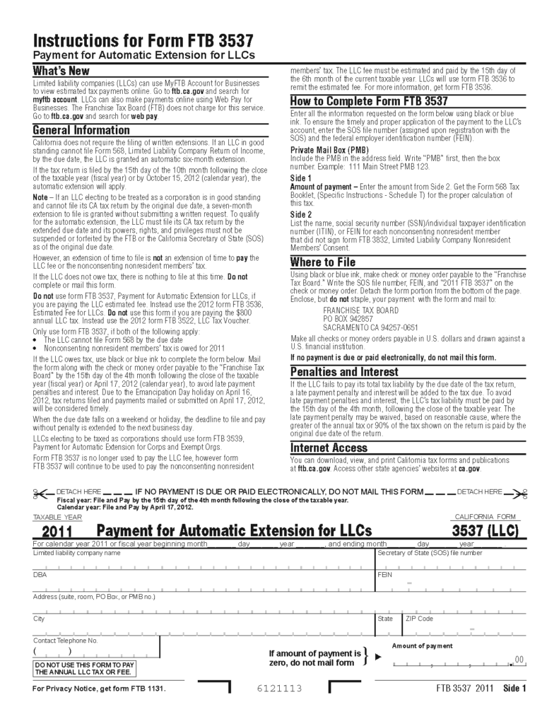 3537 LLC Form Payment For Automatic Extension For LLCs