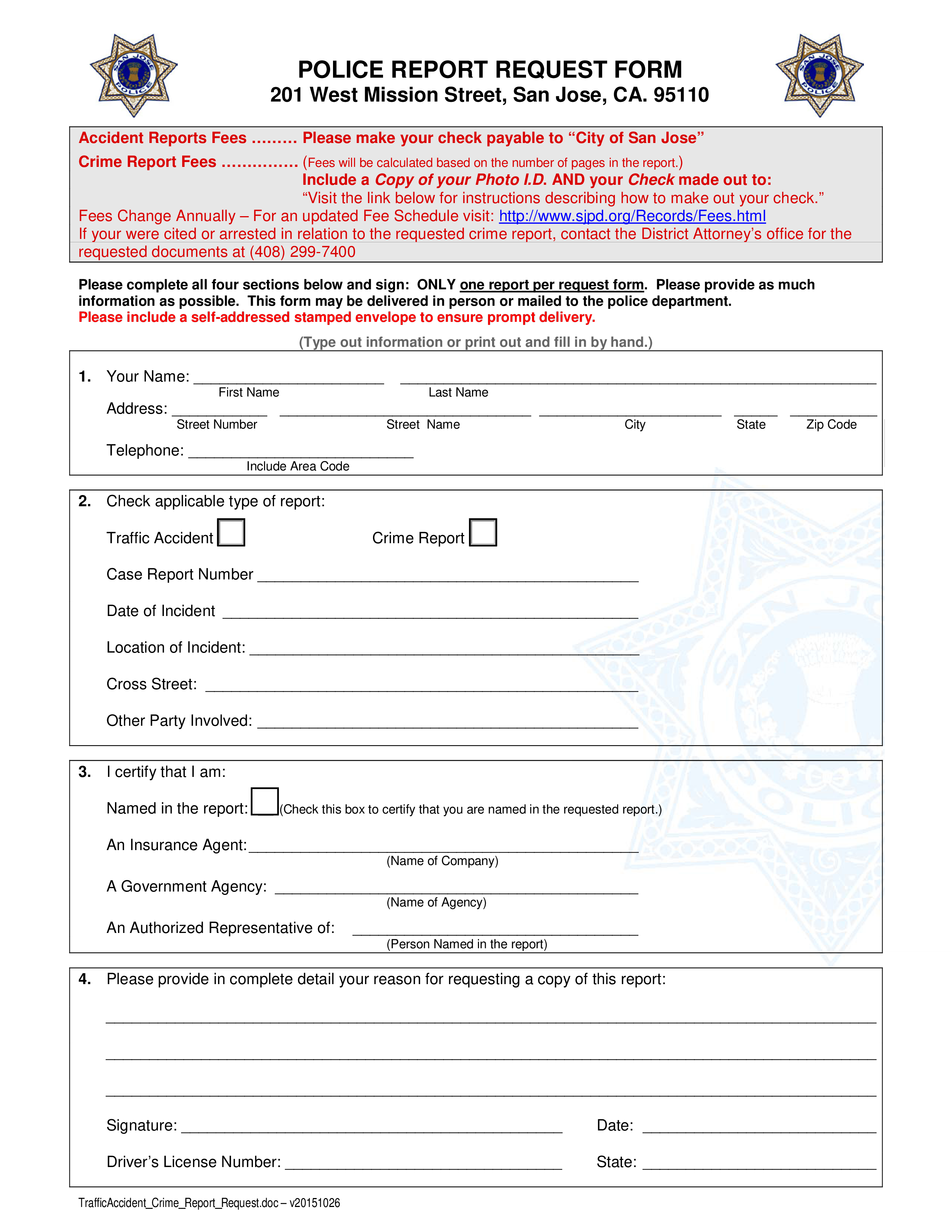 Accident Reports Fees POLICE REPORT REQUEST FORM pdf Easy To 