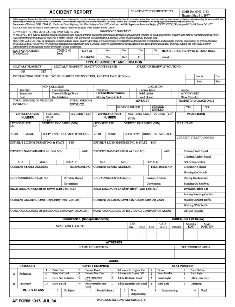 AF Form 1315 Download Fillable PDF Or Fill Online Accident Report 