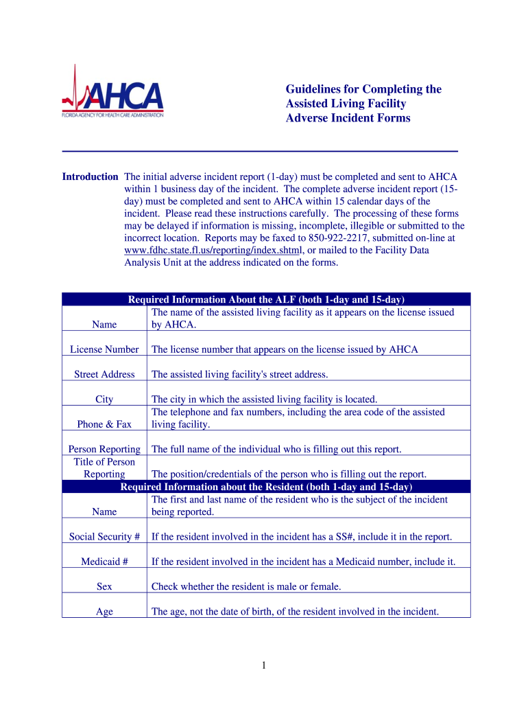 Ahca 15 Day Adverse Incident Report Form Fill And Sign Printable