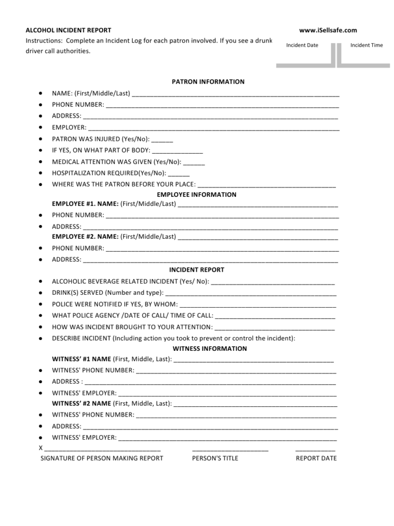 Alcohol Incident Report Form Download Printable PDF Templateroller