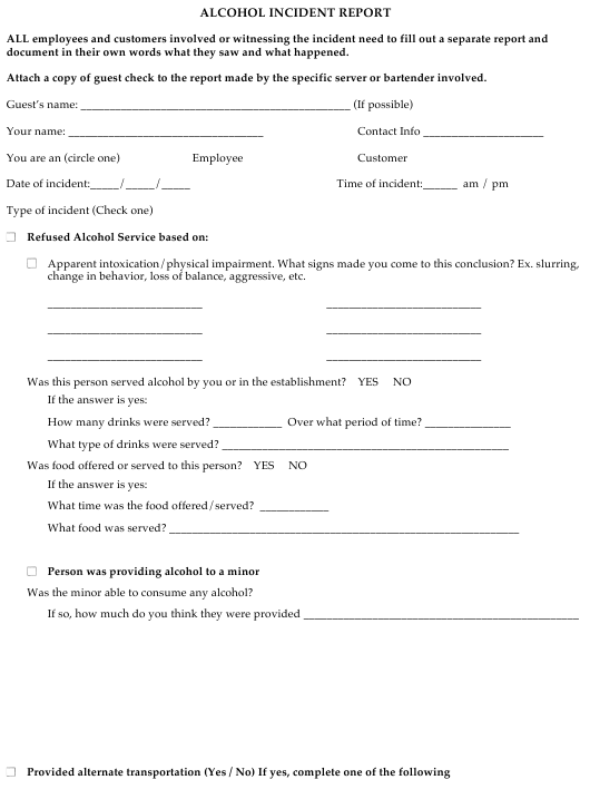 Alcohol Incident Report Form Topshelf Download Printable PDF