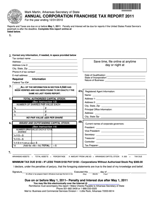 Annual Corporation Franchise Tax Report Arkansas Secretary Of State 