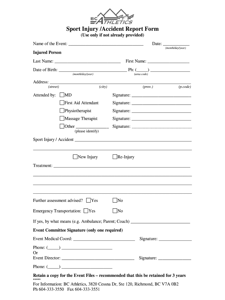BC Athletics Sport Injury Accident Report Form Fill And Sign 