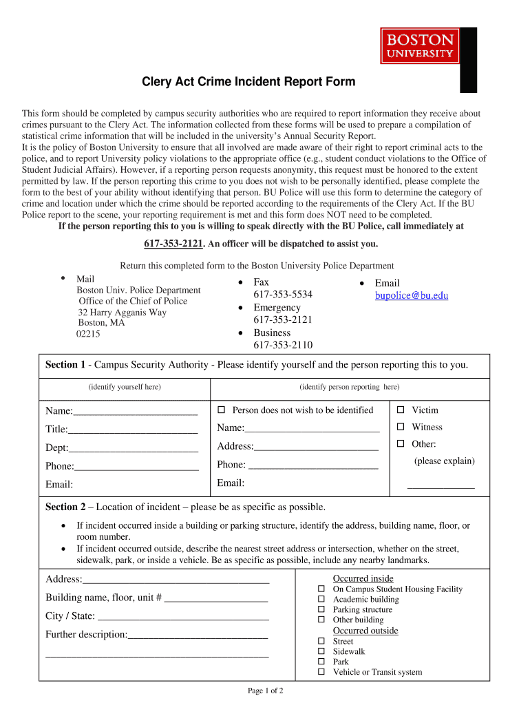 Boston University Clery Act Crime Incident Report Form 2019 Fill And