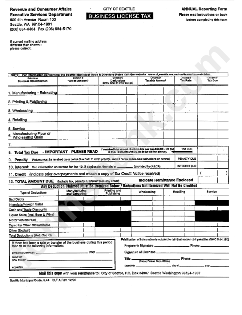 Business License Tax Form City Of Seattle Printable Pdf Download