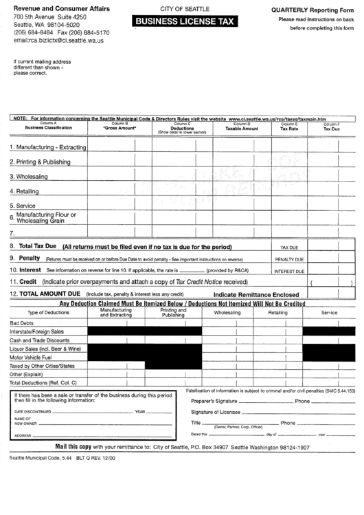 City Of Seattle Business License Tax Quarterly Reporting Form Printable