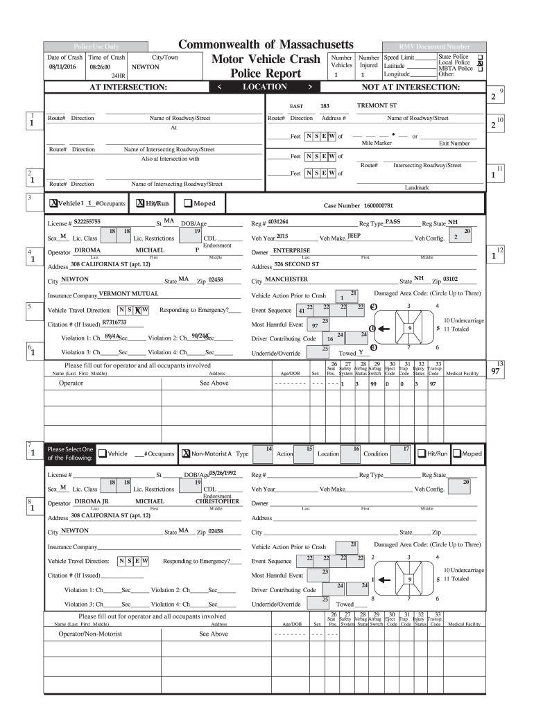 Commonwealth Of Massachusetts Motor Vehicle Crash Police Report Fill 