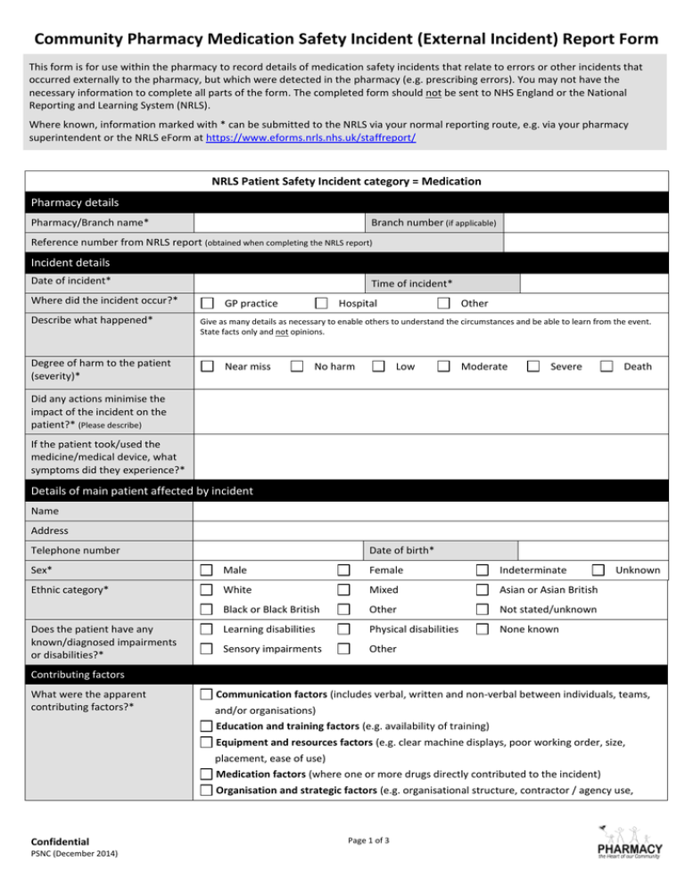 Community Pharmacy Incident Report Form