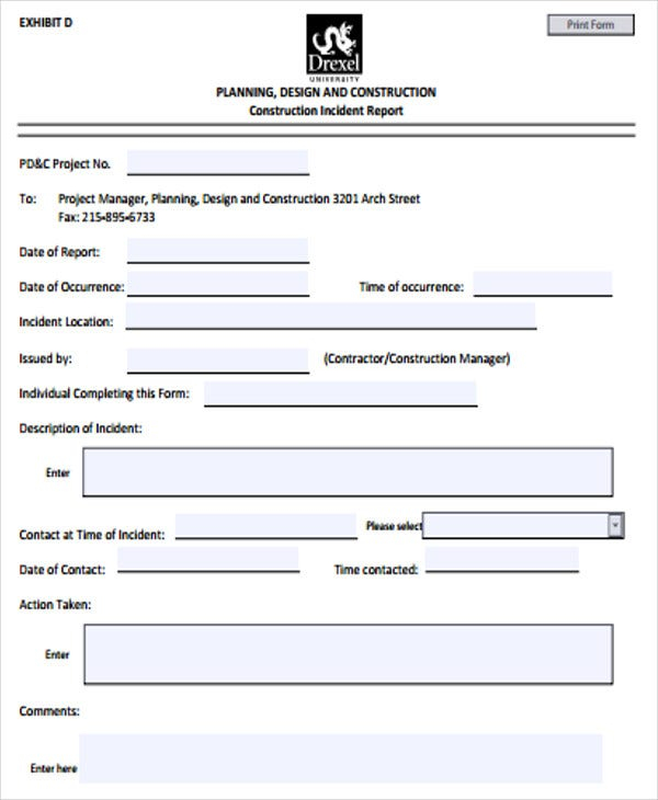 Construction Incident Report Template 19 Free Word PDF Format