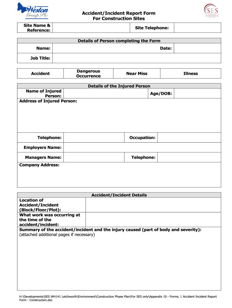 Construction Incident Report Template Fill Online Printable