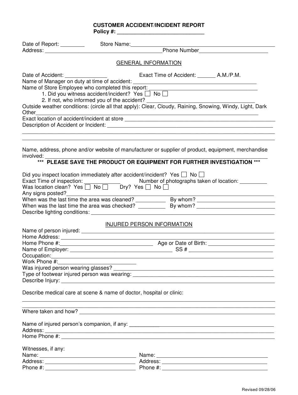 Customer Accident Incident Report Form Download Printable PDF 