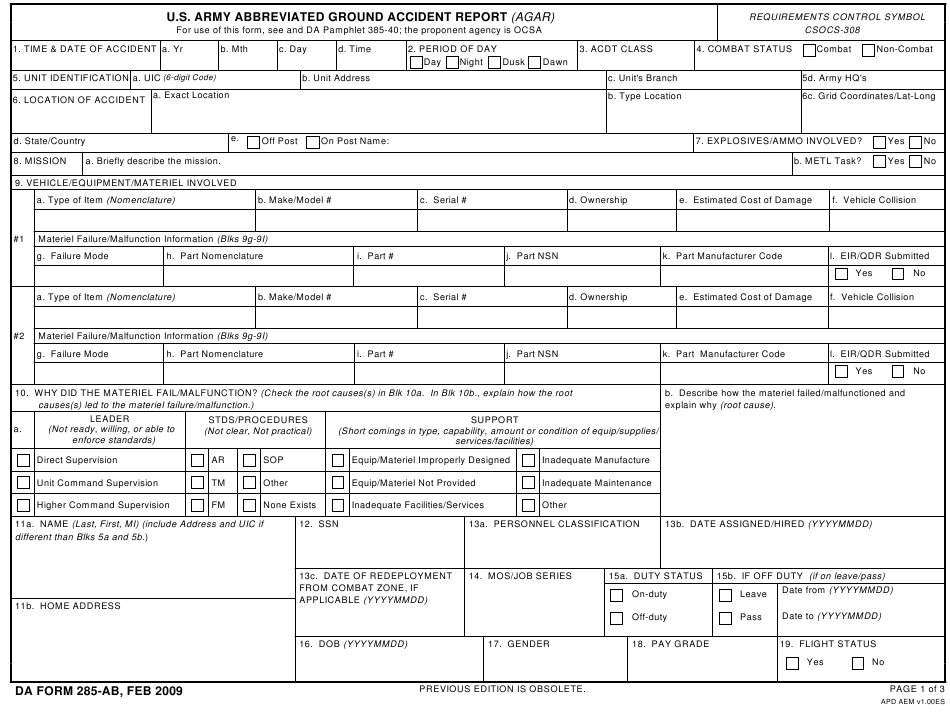 DA Form 285 ab Download Fillable PDF Or Fill Online U S Army 