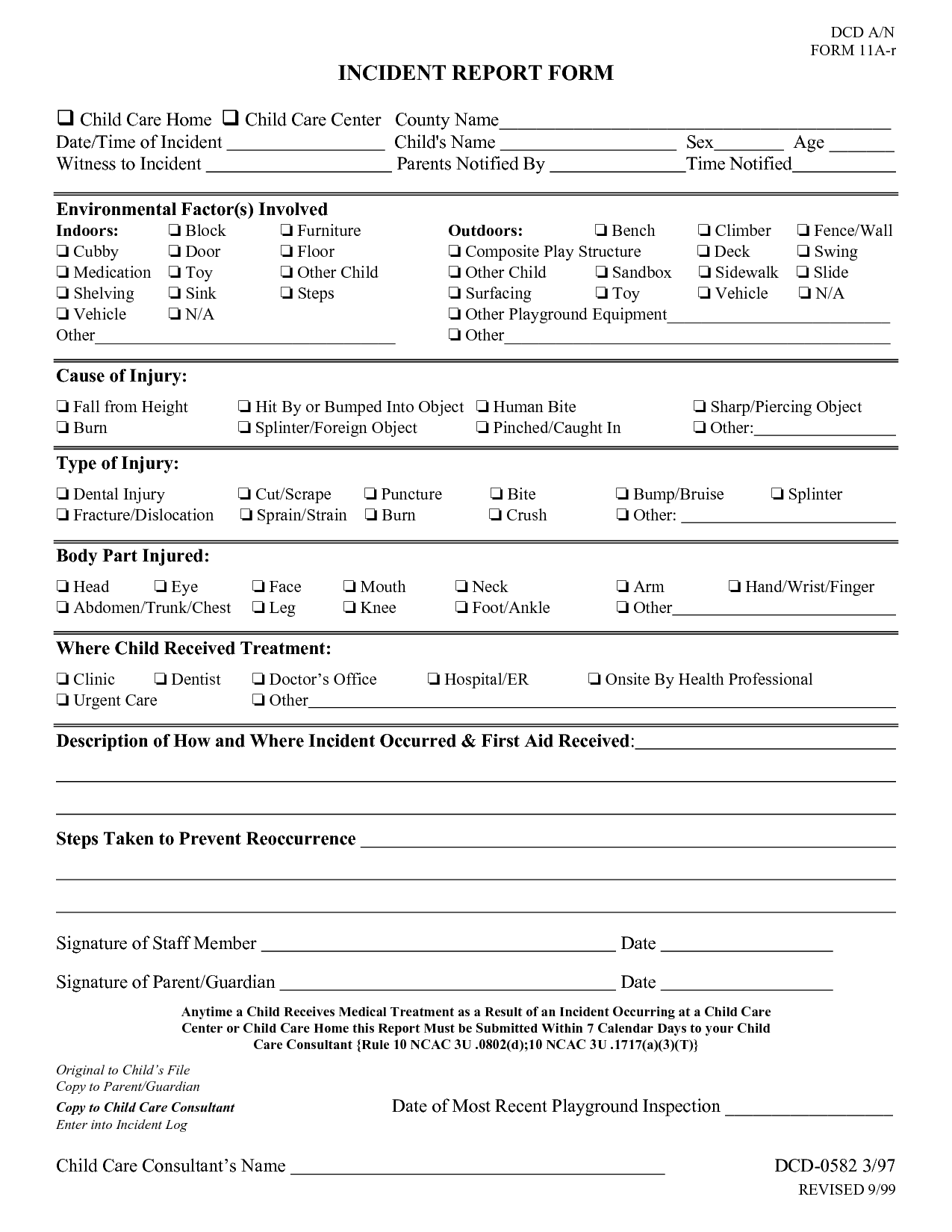 Daycare Accident Report Form INCIDENT REPORT FORM Child Care Home