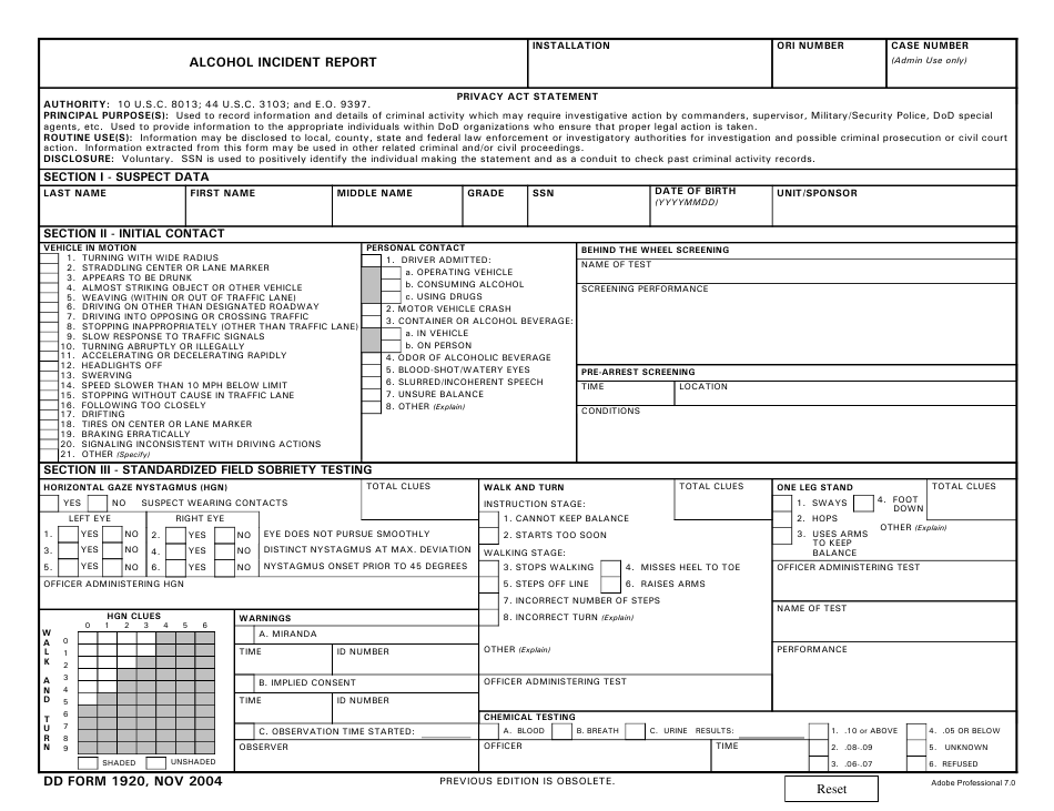 DD Form 1920 Download Fillable PDF Or Fill Online Alcohol Incident 