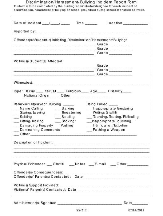 Discrimination Harassment Bullying Incident Report Form Download 