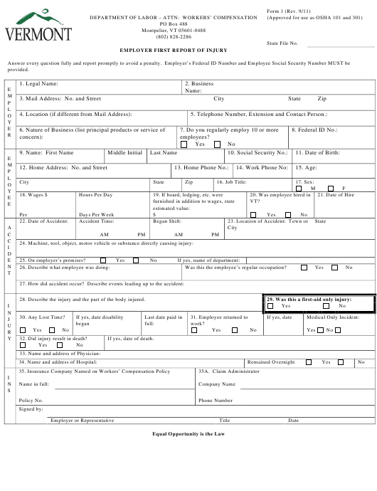 DOL Form 1 Download Fillable PDF Or Fill Online Employer First Report 