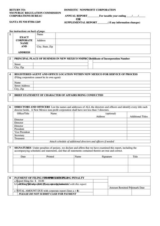 Domestic Nonprofit Corporation Annual Or Supplemental Report Form Nm 