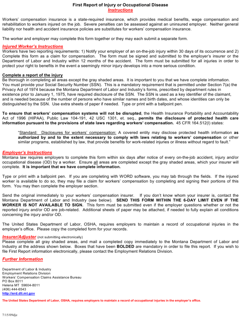 Download Instructions For Form ERD 991 First Report Of Injury Or 