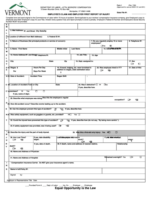 Employee S Claim And Employer First Report Of Injury Form Vermont 