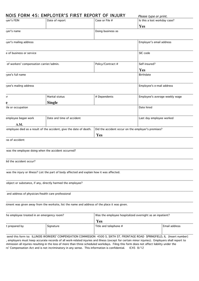 Employer s First Report Of Injury Form In Word And Pdf Formats