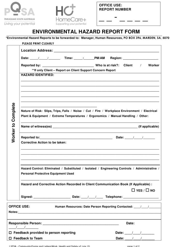 Environmental Hazard Report Form Paraplegic And Quadriplegic 