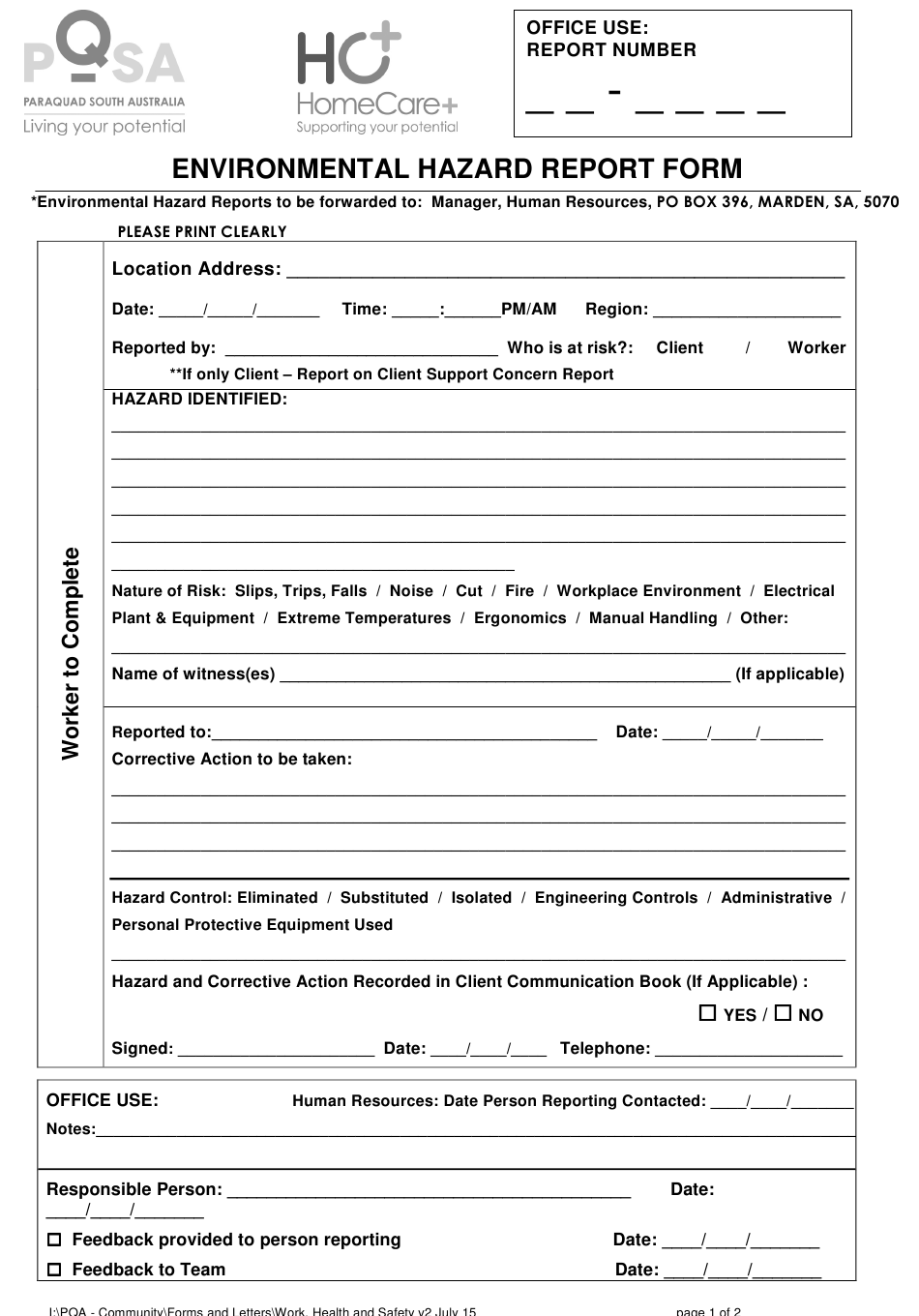 Environmental Hazard Report Form Paraplegic And Quadriplegic 