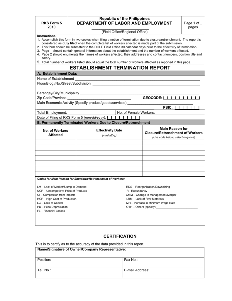 Establishment Termination Report Form RKS Form 5 DOLE NCR