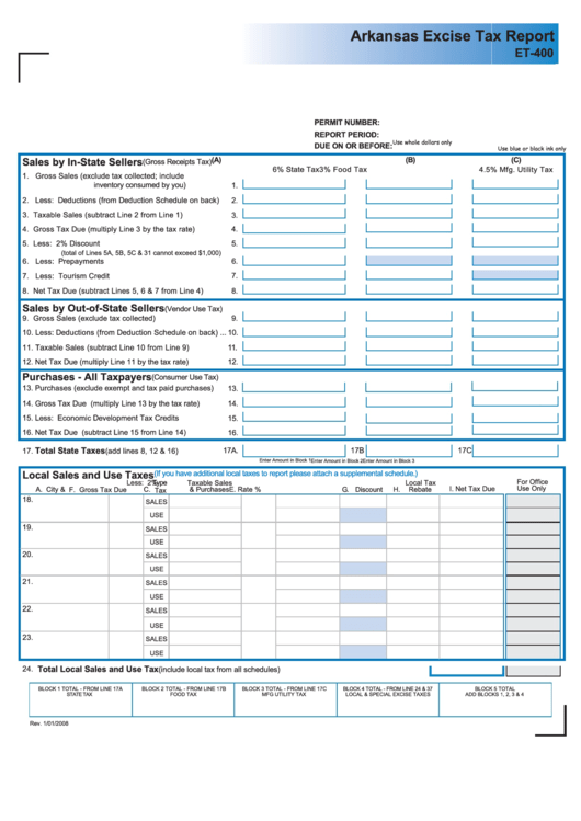 Et 400 Arkansas Excise Tax Report Form January 2008 Printable Pdf 9583