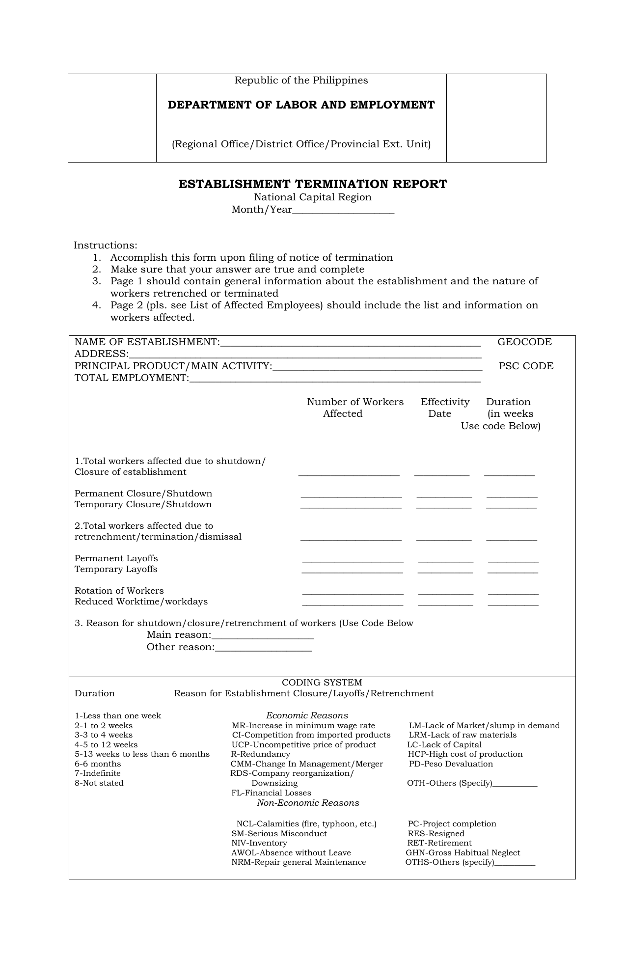 F0022 DOLE Form Establishment Termination Report