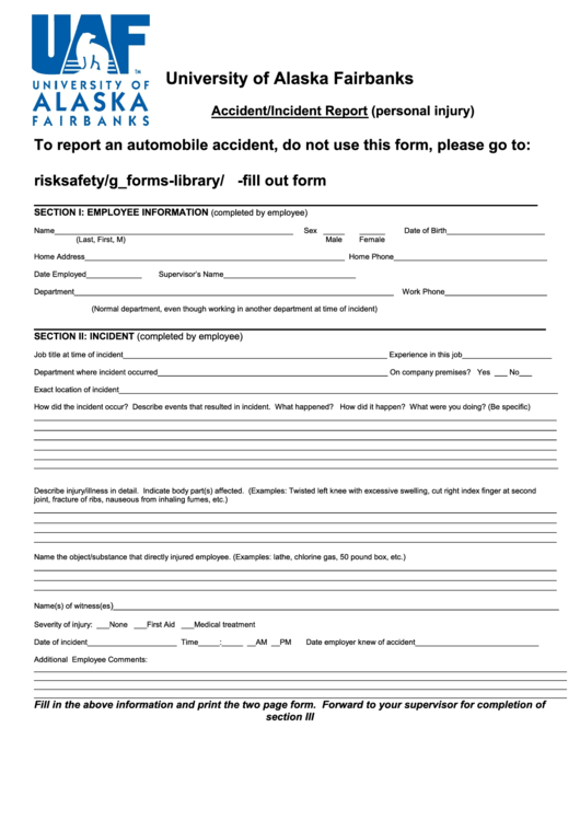 Fillable Accident incident Report Form University Of Alaska Fairbanks 