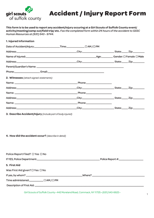 Fillable Accident Injury Report Form Printable Pdf Download