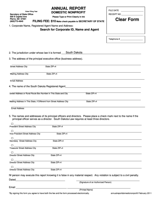 Fillable Annual Report Domestic Nonprofit Form South Dakota Secretary 