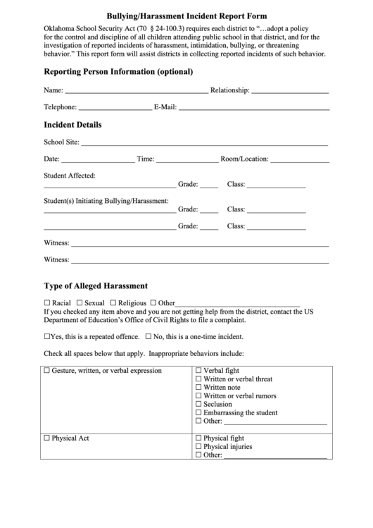 Fillable Bullying Harassment Incident Report Form Oklahoma State