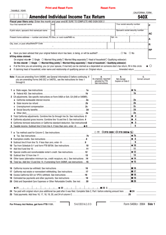 Fillable California Form 540x Amended Individual Income Tax Return 