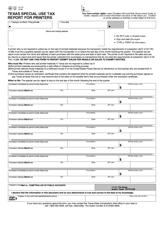 Fillable Form 01 157 Texas Special Use Tax Report For Printers 2006 