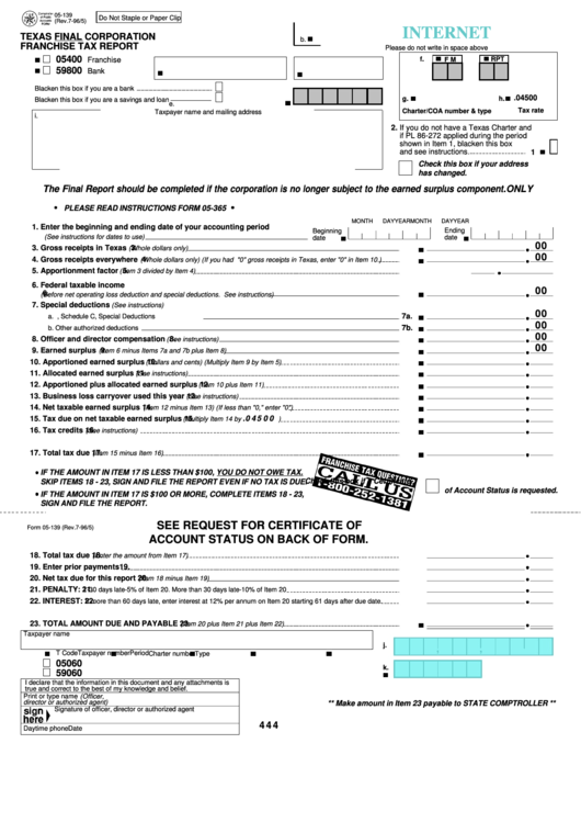 Fillable Form 05 139 Texas Final Corporation Franchise Tax Report 