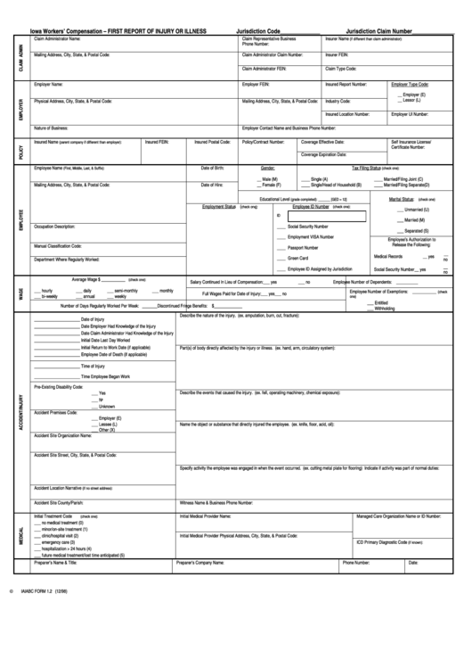 Fillable Form 1 2 First Report Of Injury Or Illness Iowa Workers 