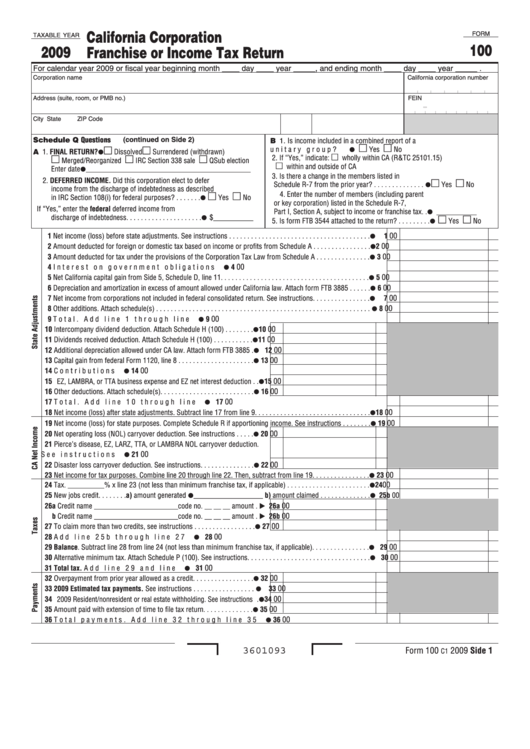 Fillable Form 100 California Corporation Franchise Or Income Tax