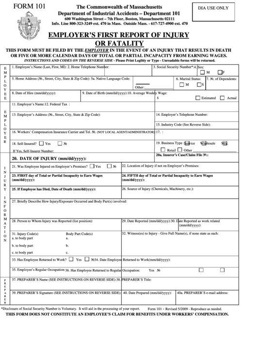 Fillable Form 101 Employer S First Report Of Injury Or Fatality 