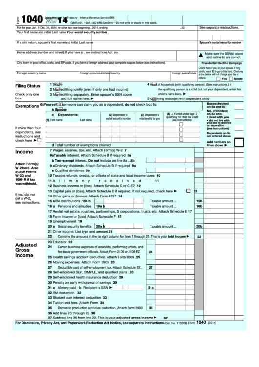 Fillable Form 1040 U s Individual Income Tax Return 2014 Printable 