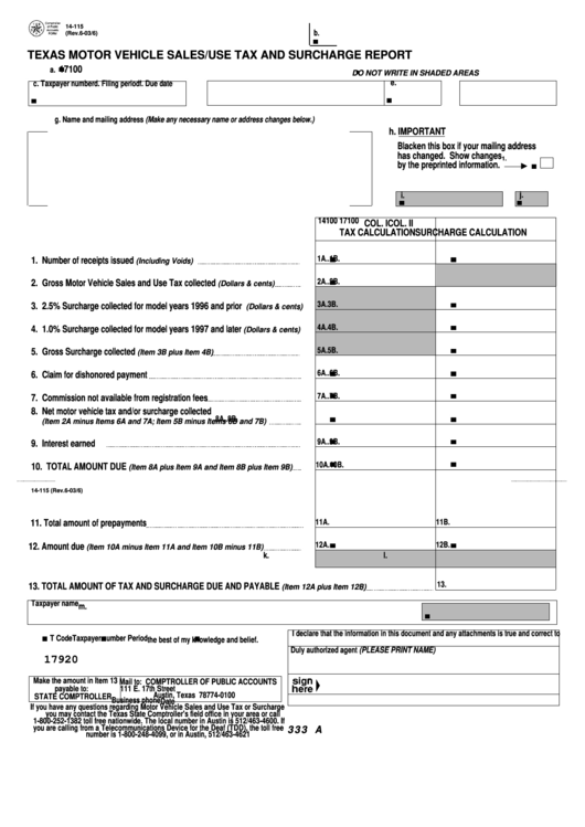Fillable Form 14 115 Texas Motor Vehicle Sales use Tax And Surcharge 