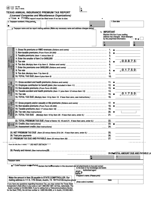 Fillable Form 25 100 Texas Annual Insurance Premium Tax Report 